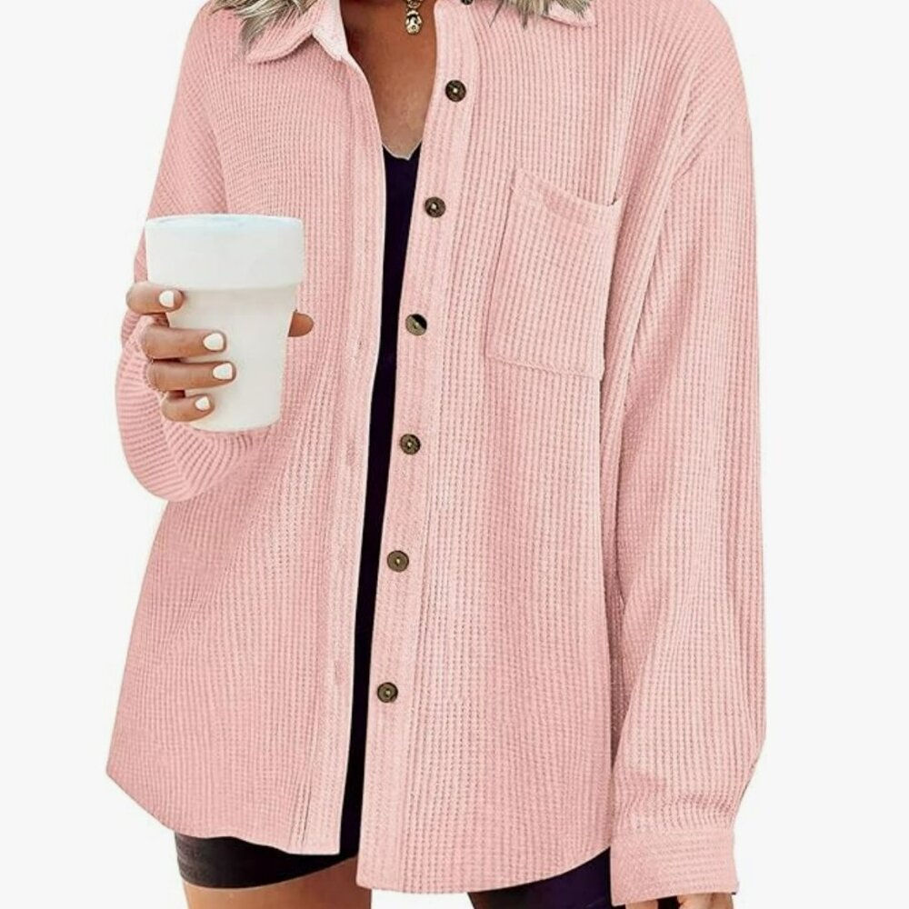 NWT - Hotouch - Peachy Pink Waffle Button Down with Pocket - Size Medium